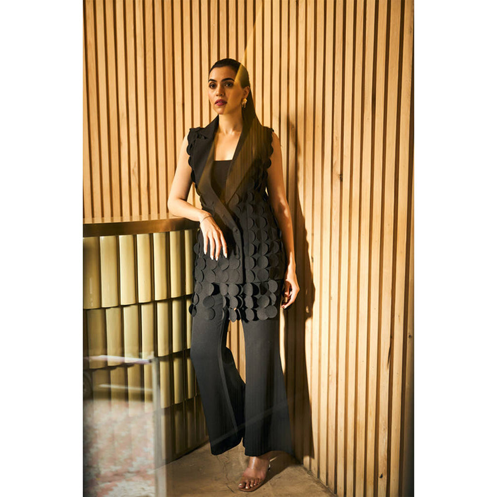 JUHI NANDA Crepe Black Notched Lapel Sleeveless Top with Pant Co-Ord Set