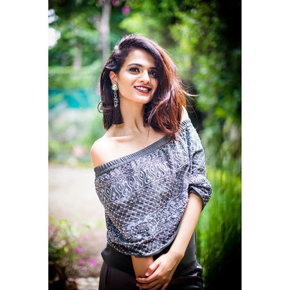 JUHI NANDA Off Shoulder Embroidered Grey Top