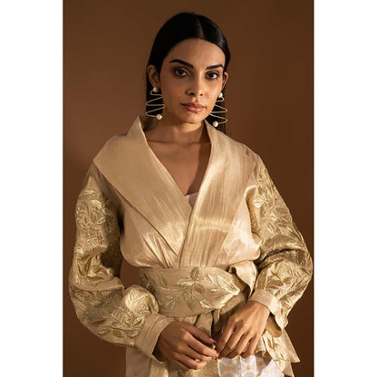 JUHI NANDA Embroidered Tissue Organza Overlap Gold Top