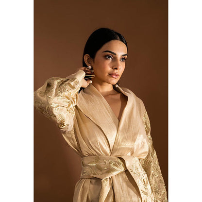 JUHI NANDA Embroidered Tissue Organza Overlap Gold Top