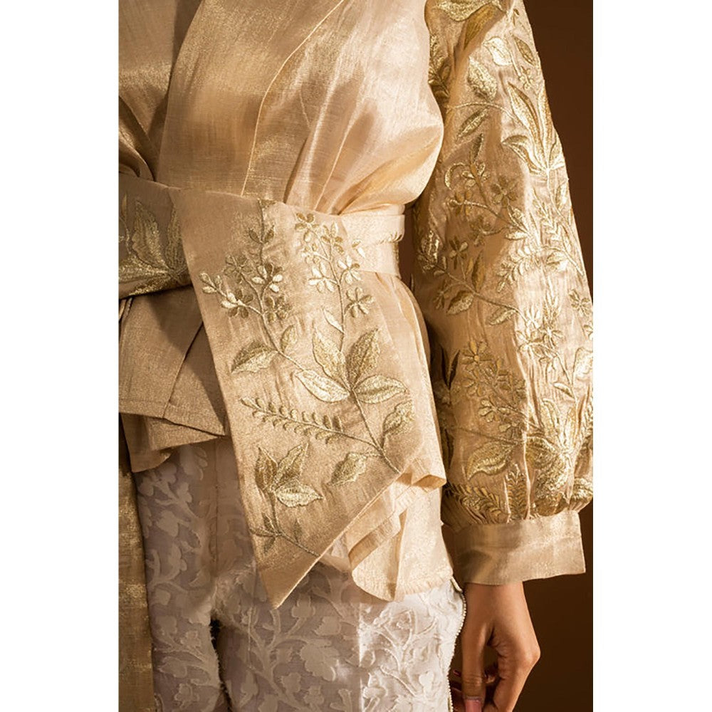 JUHI NANDA Embroidered Tissue Organza Overlap Gold Top
