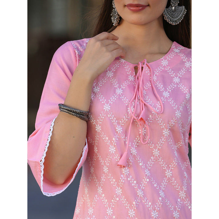 Juniper Pink Embroidered Chinnon Kurta Sharara & Chiffon Dupatta Set