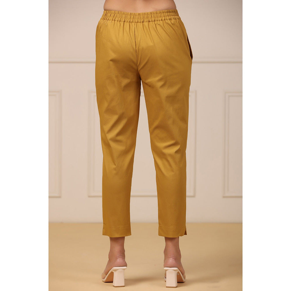 Juniper Mustard Spendex Solid Slim Fit Pants with Partially Elasticated Waistband