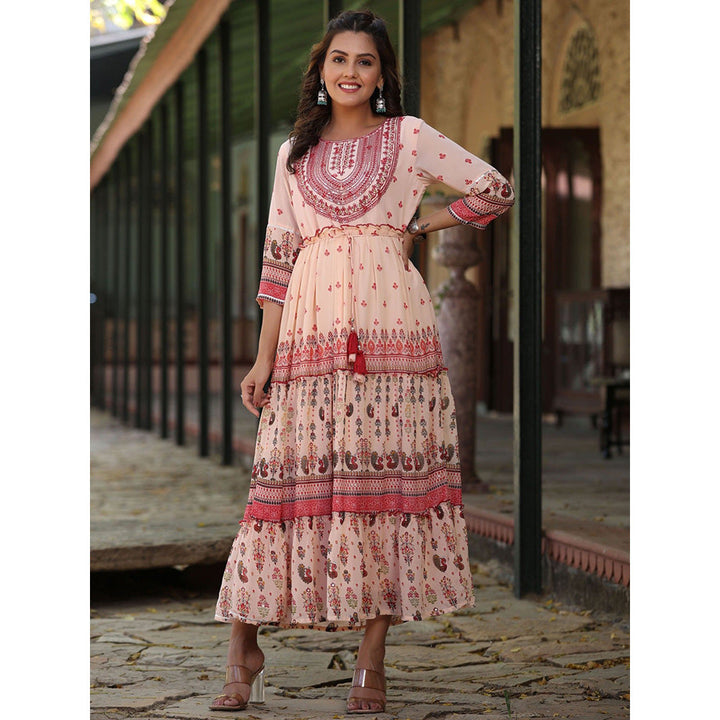 Juniper Peach Ethnic Motif Printed Georgette Tiered Maxi Dress with Thread Embroidery