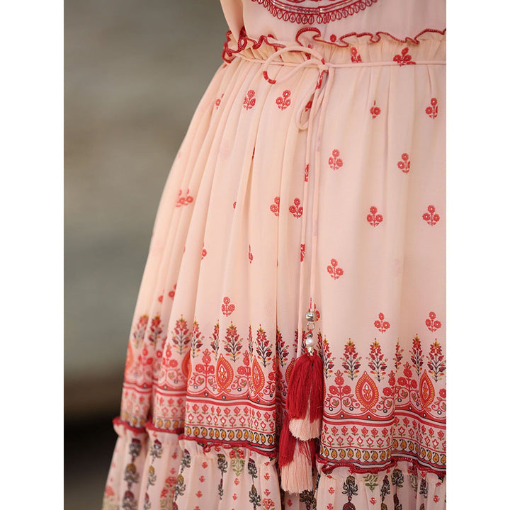 Juniper Peach Ethnic Motif Printed Georgette Tiered Maxi Dress with Thread Embroidery