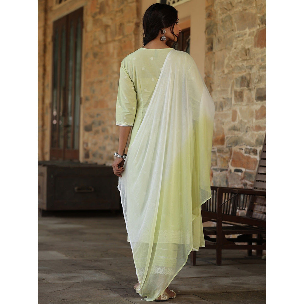 Juniper Lime green Ethnic Motif Printed Pure Cotton Kurta Pants & Dupatta Set with Sequins Work