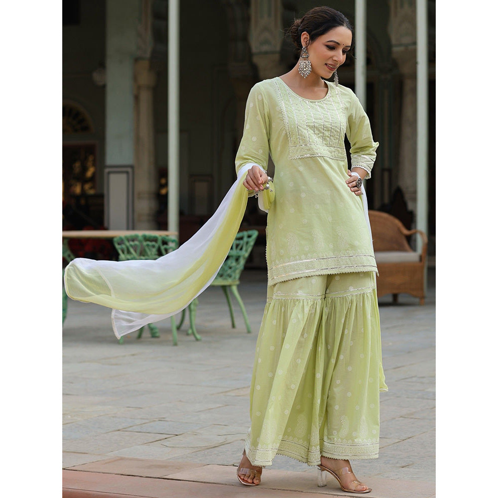 Juniper Lime Green Ethnic Motif Print Pure Cotton Lacy Kurta Sharara & Dupatta Set
