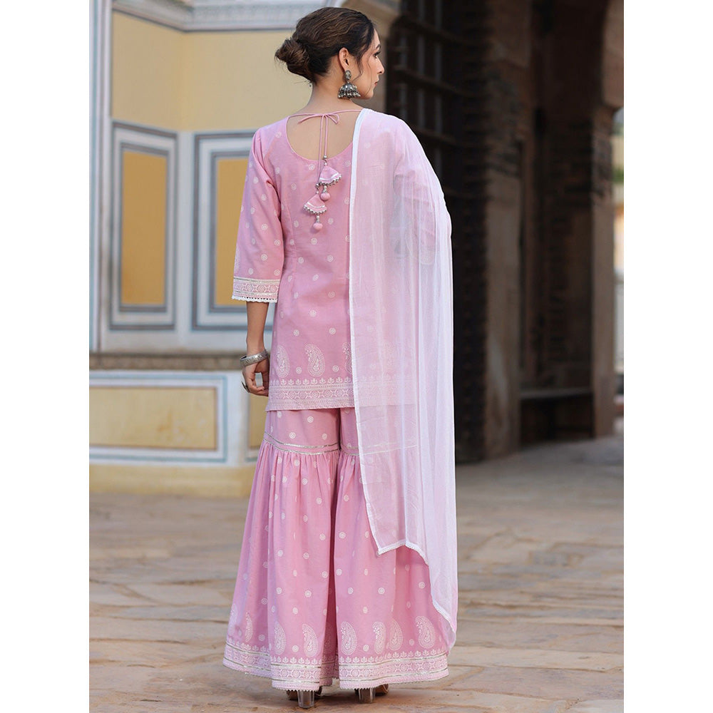 Juniper Pink Ethnic Motif Printed Pure Cotton Lacy Kurta Sharara & Dupatta Set