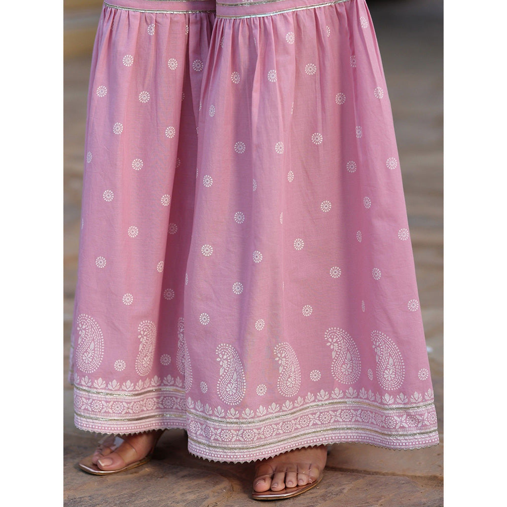 Juniper Pink Ethnic Motif Printed Pure Cotton Lacy Kurta Sharara & Dupatta Set