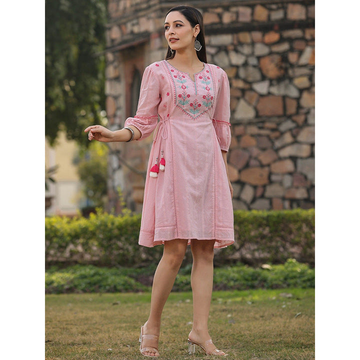 Juniper Pink Floral Printed Cotton Dobby Flared Short Dress with Thread Embroidery