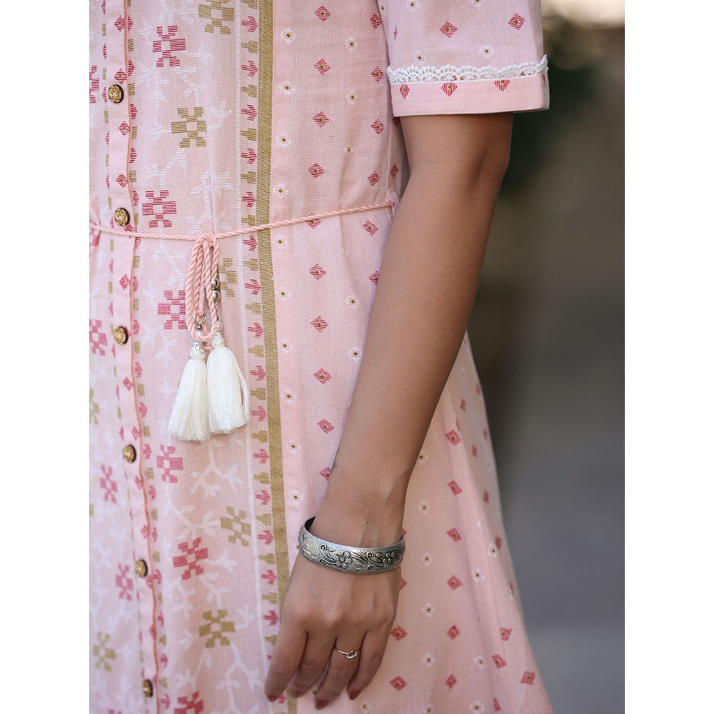 Juniper Pink Geometric Printed Cotton Flex Dress with Lace Work