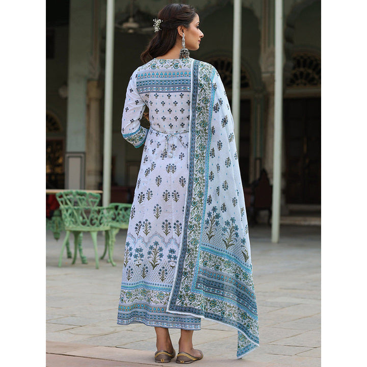 Juniper Sky Blue Ethnic Motif Printed Pure Cotton Anarkali Dress & Dupatta Set