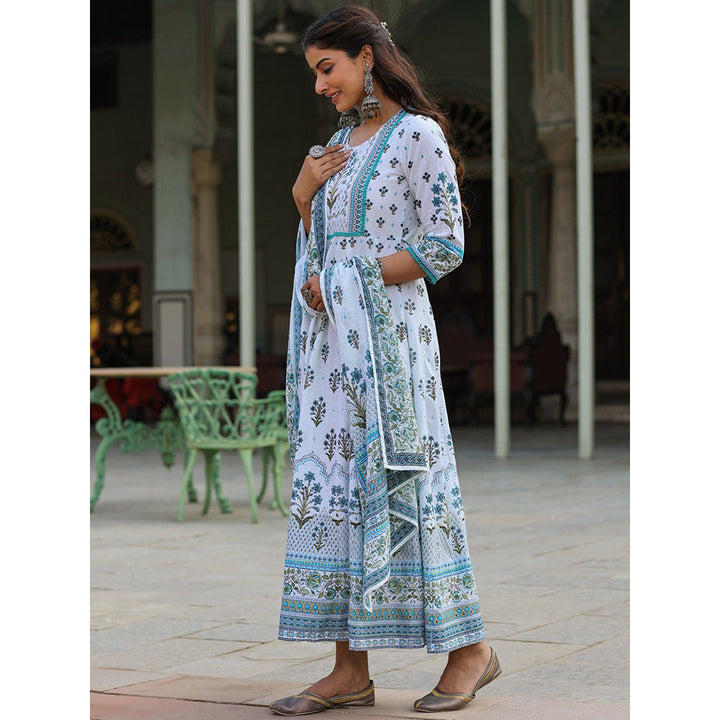 Juniper Sky Blue Ethnic Motif Printed Pure Cotton Anarkali Dress & Dupatta Set