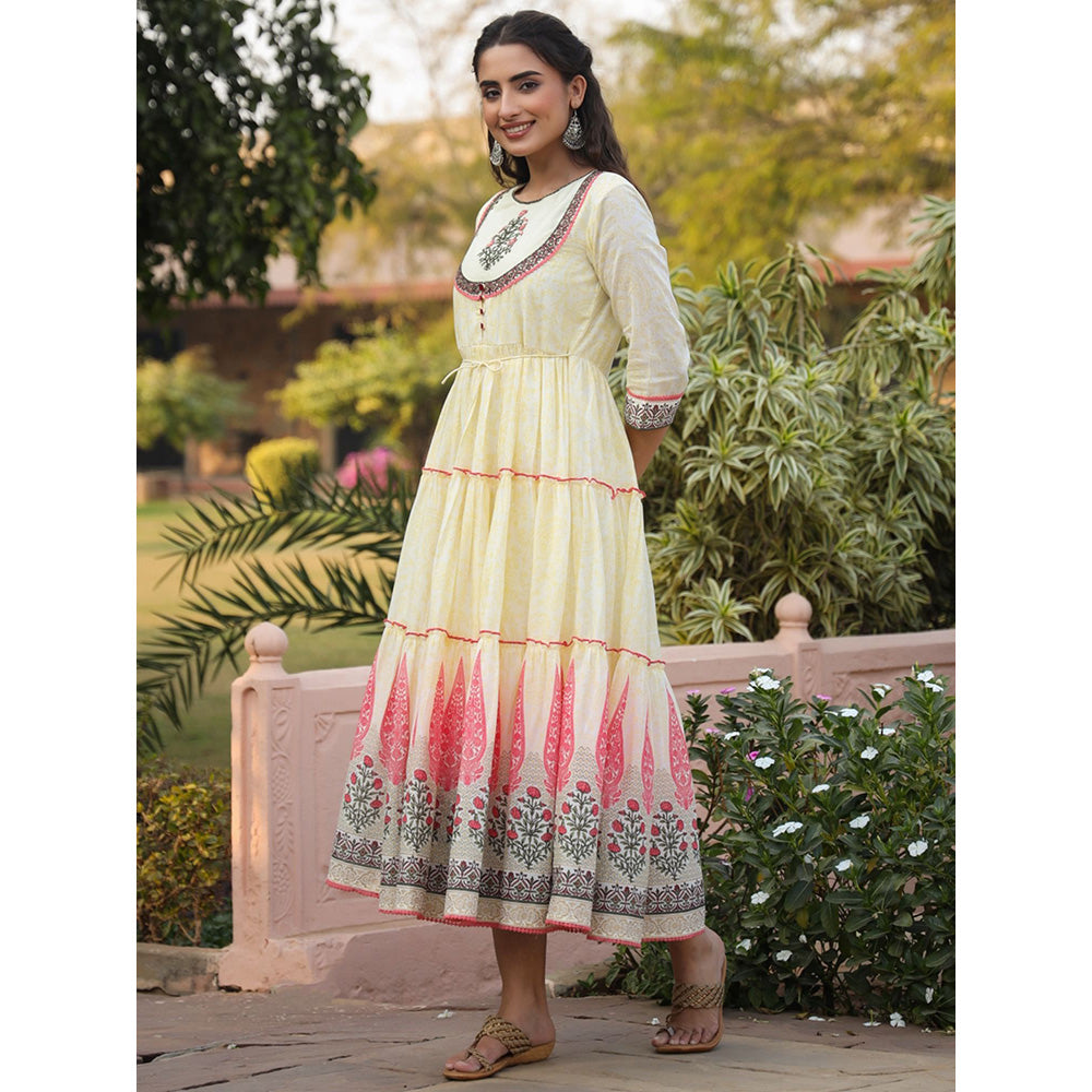 Juniper Yellow Ethnic Motif Printed Cotton Voile Maxi Dress with Thread Embroidery