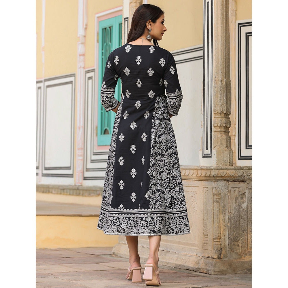 Juniper Black & White Ethnic Motif Printed Pure Cotton Flared Maxi Dress with Beads & Sequins