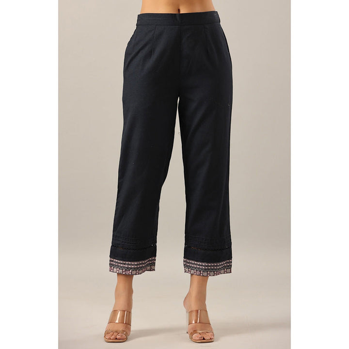 Juniper Navy Blue Solid Cotton Flex Pants with Printed Hem, Pintucks & Lace Work