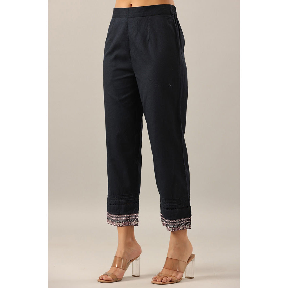 Juniper Navy Blue Solid Cotton Flex Pants with Printed Hem, Pintucks & Lace Work
