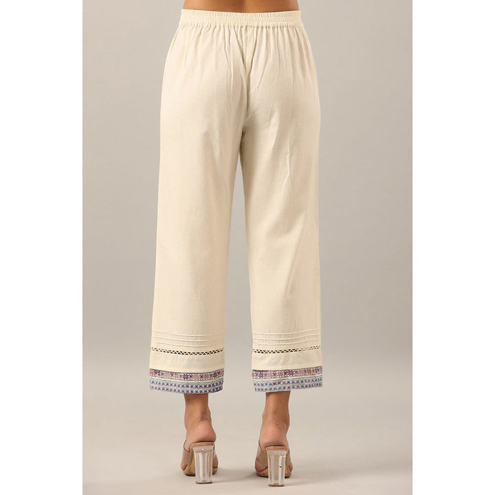 Juniper Off-White Solid Cotton Flex Pants with Printed Hem, Pintucks & Lace Work