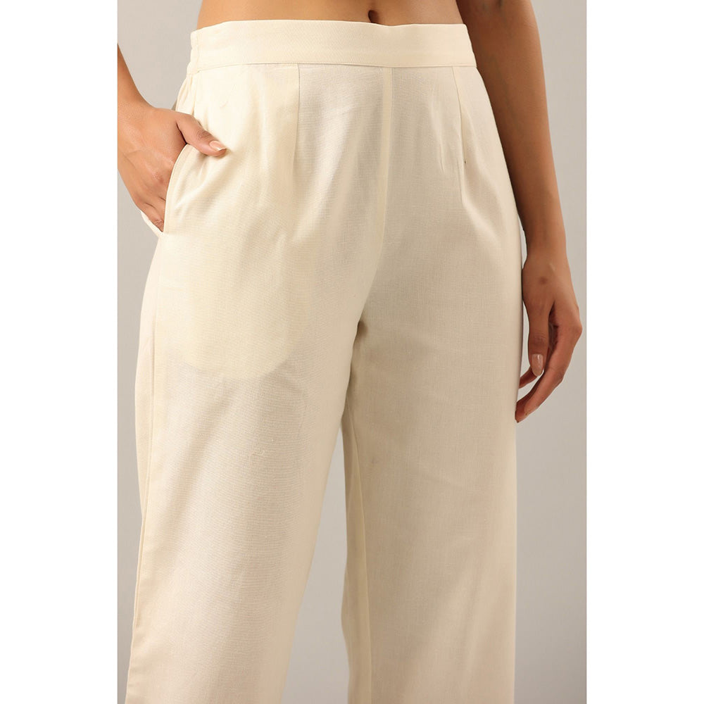 Juniper Off-White Solid Cotton Flex Pants with Printed Hem, Pintucks & Lace Work