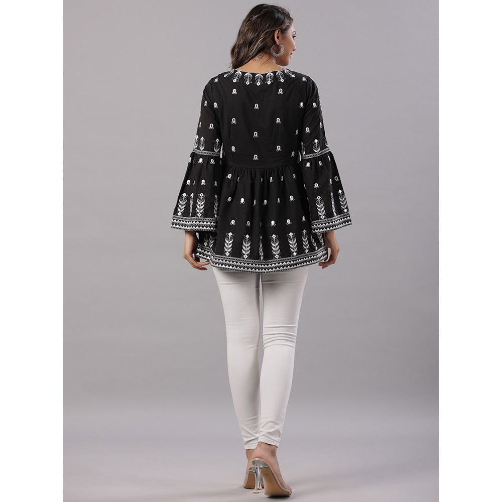Juniper Black Cotton Dobby Peplum Tunic with Thread & Mirror Embroidery