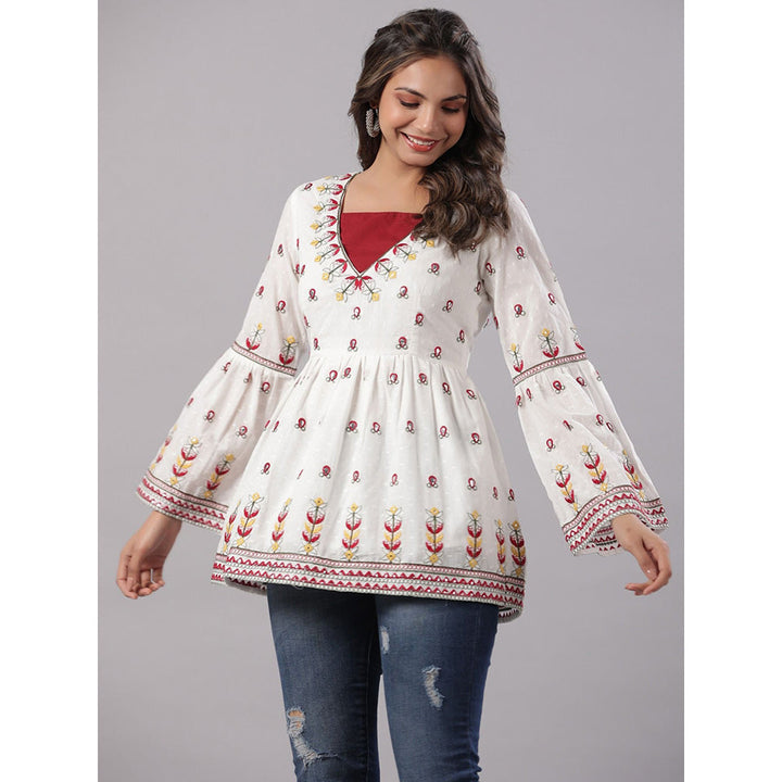Juniper Multi-Color Cotton Dobby Peplum Tunic with Thread & Mirror Embroidery