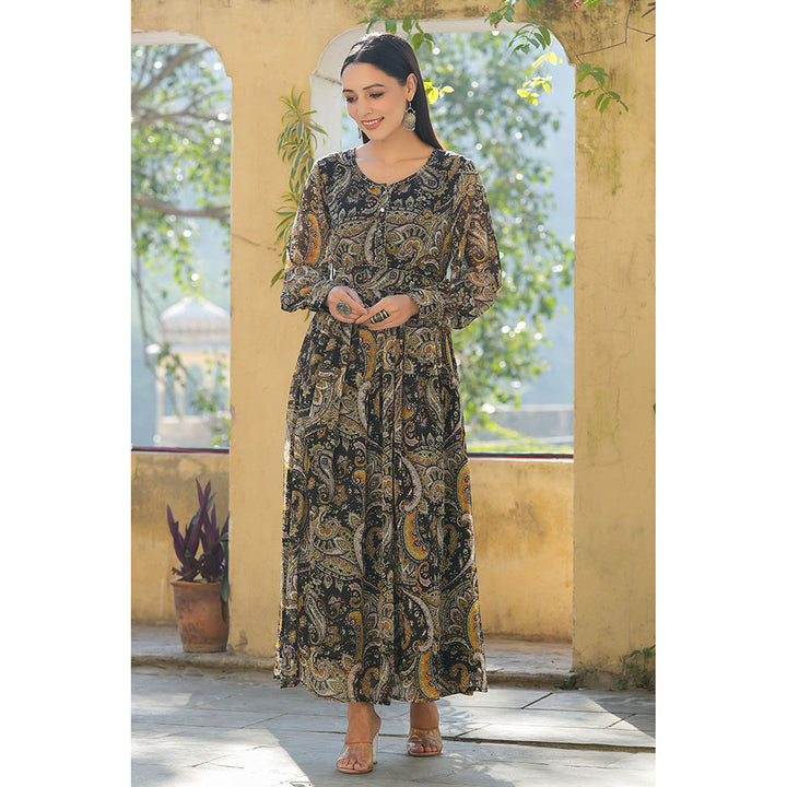 Juniper Black Paisley Printed Chiffon Flared Maxi Dress with Buttons