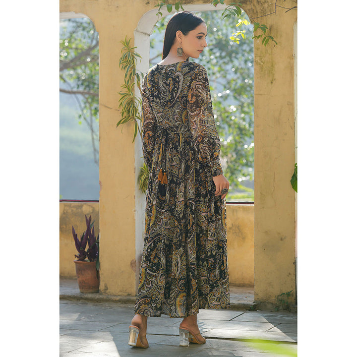 Juniper Black Paisley Printed Chiffon Flared Maxi Dress with Buttons