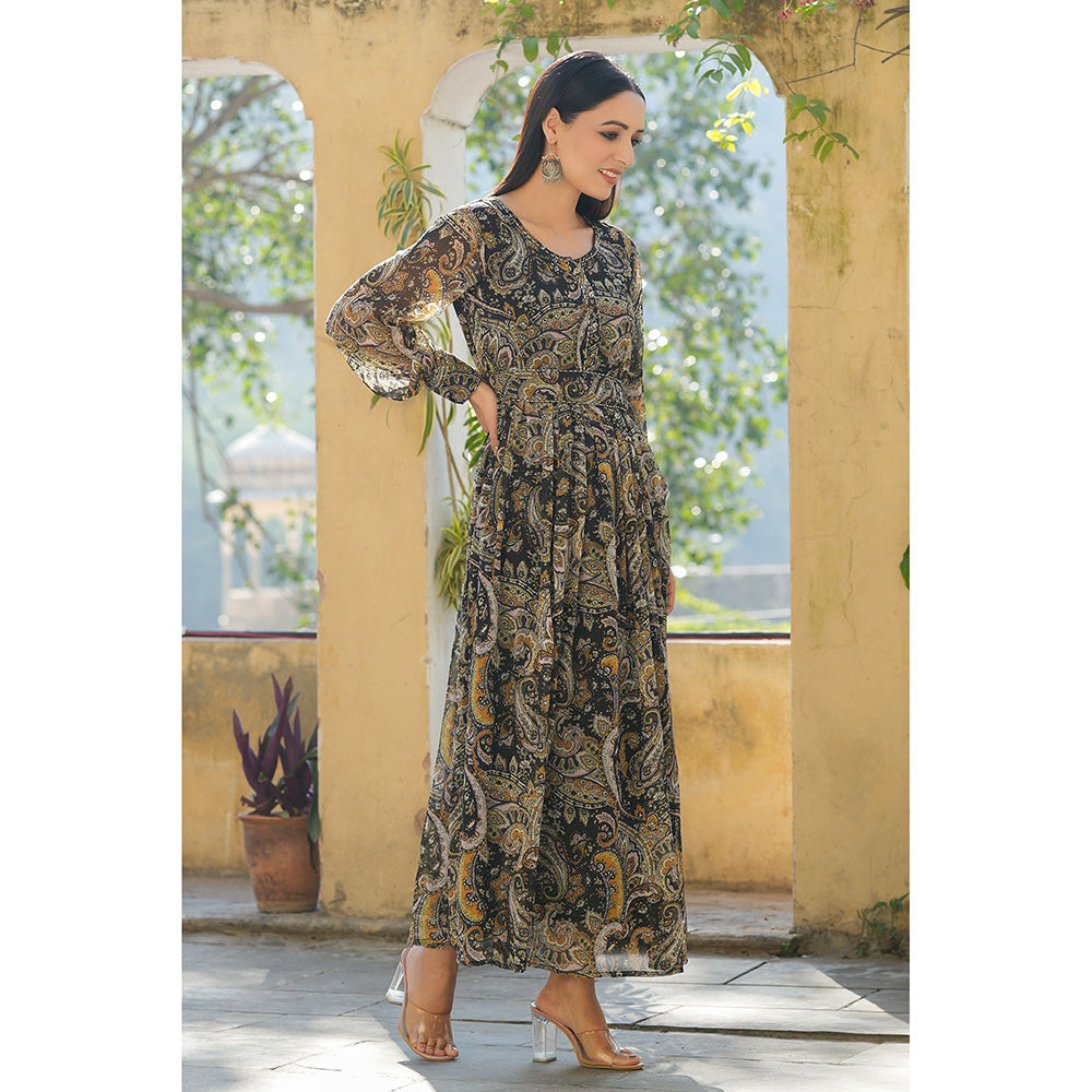 Juniper Black Paisley Printed Chiffon Flared Maxi Dress with Buttons