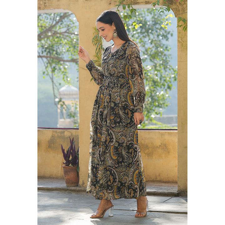 Juniper Black Paisley Printed Chiffon Flared Maxi Dress with Buttons