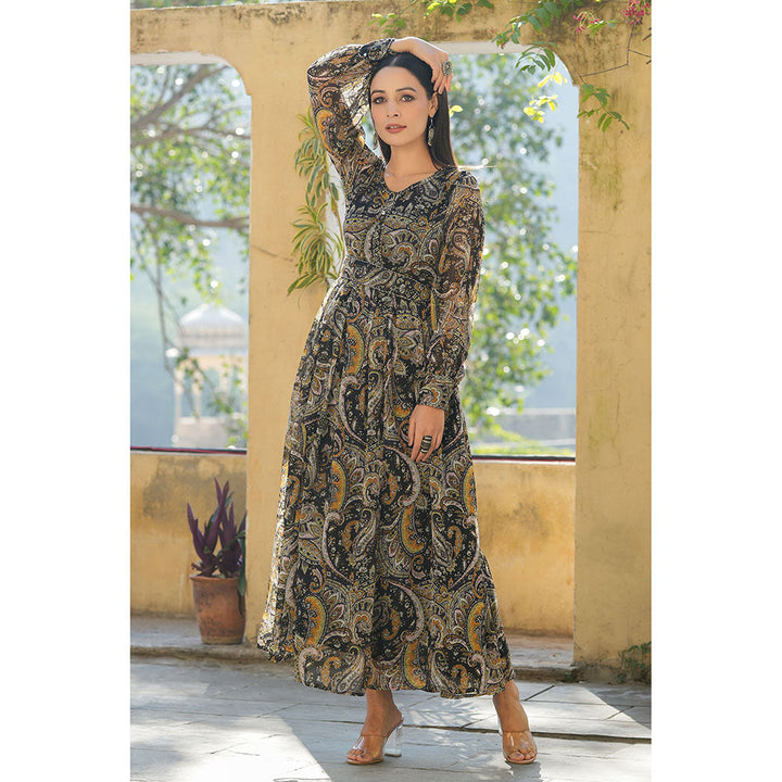 Juniper Black Paisley Printed Chiffon Flared Maxi Dress with Buttons