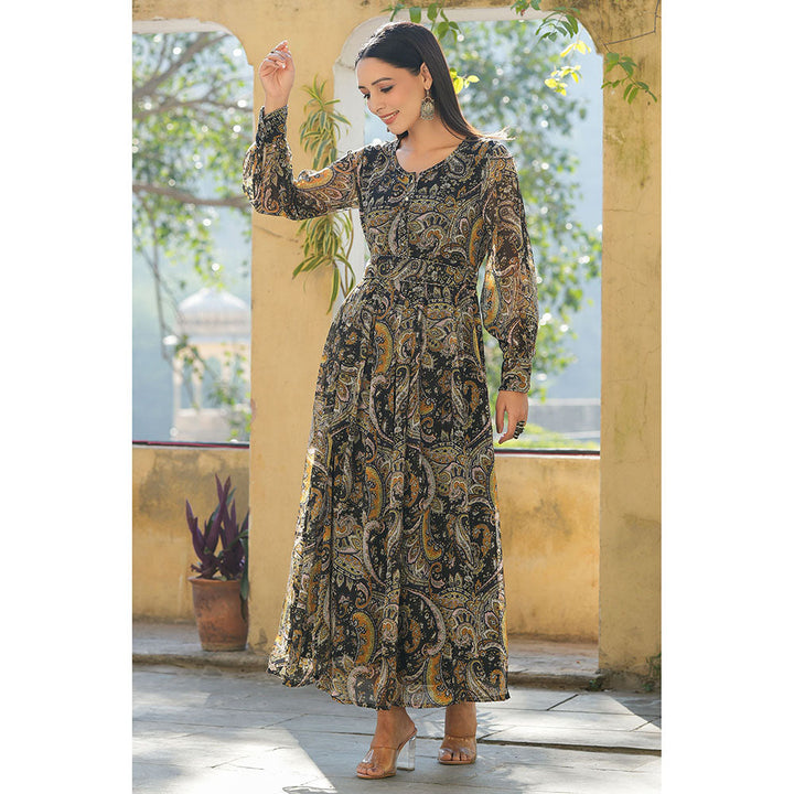 Juniper Black Paisley Printed Chiffon Flared Maxi Dress with Buttons