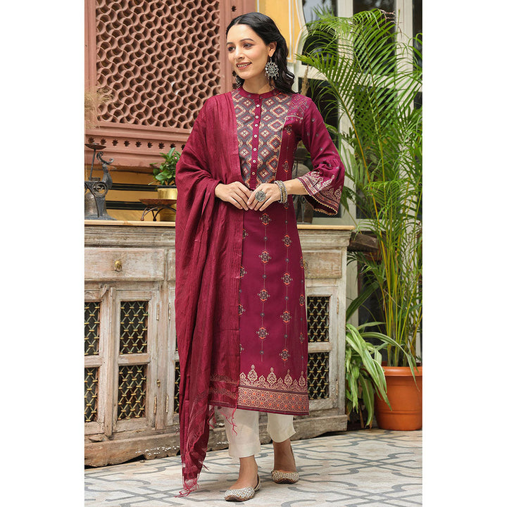 Juniper Wine Ethnic Motif Printed Rayon Straight Kurta & Dupatta Set with Buttons