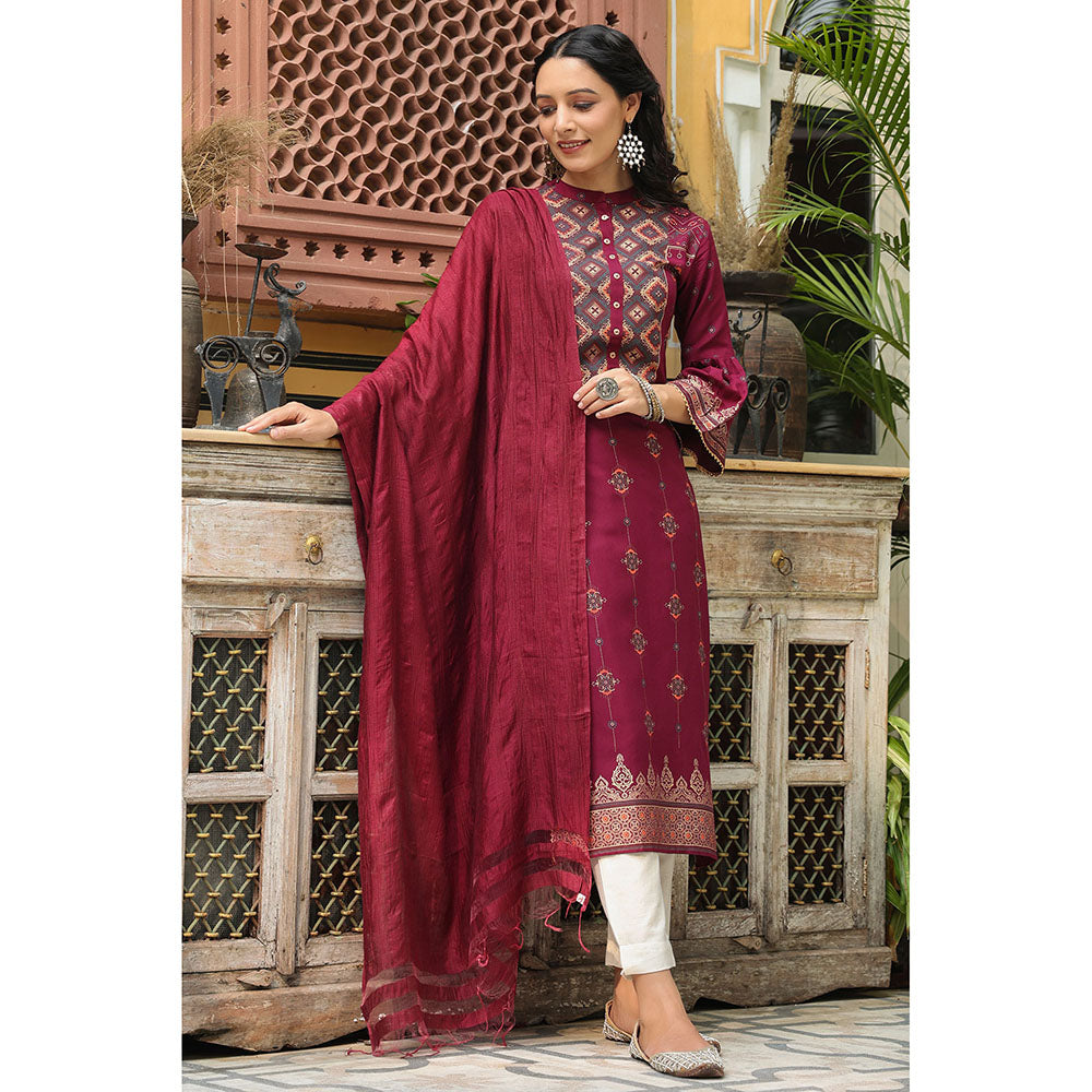 Juniper Wine Ethnic Motif Printed Rayon Straight Kurta & Dupatta Set with Buttons