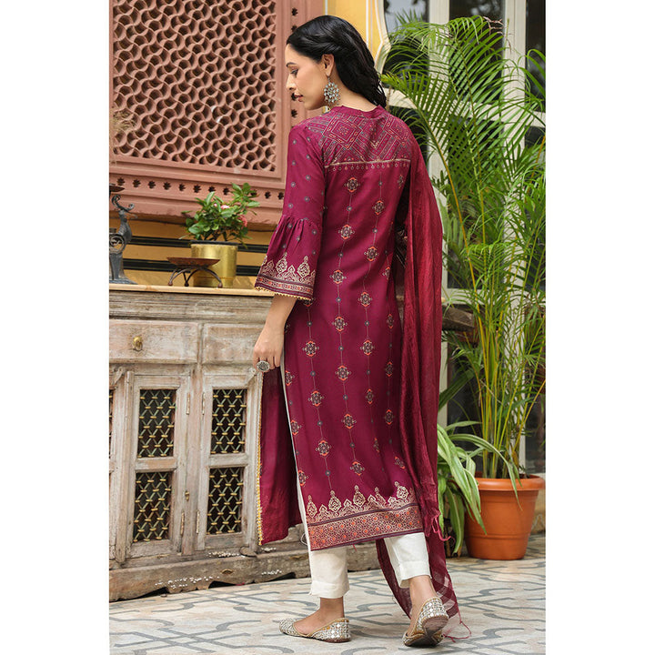 Juniper Wine Ethnic Motif Printed Rayon Straight Kurta & Dupatta Set with Buttons