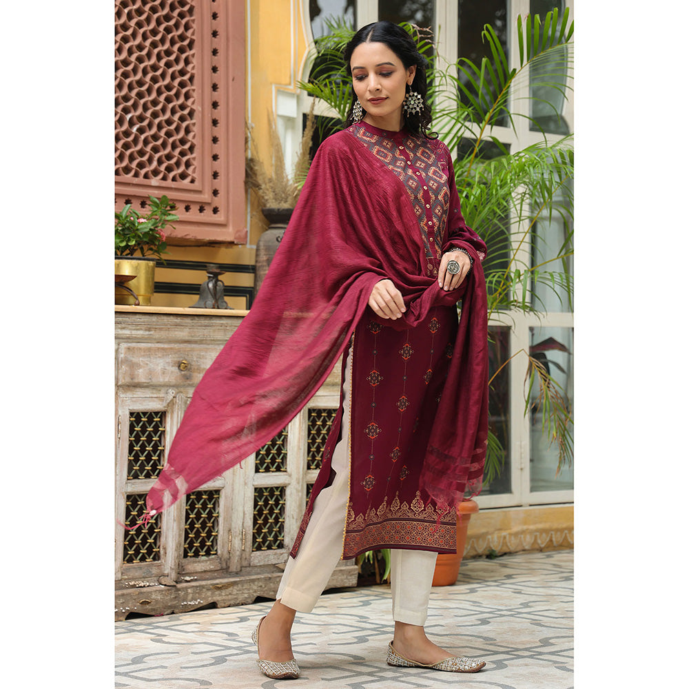 Juniper Wine Ethnic Motif Printed Rayon Straight Kurta & Dupatta Set with Buttons