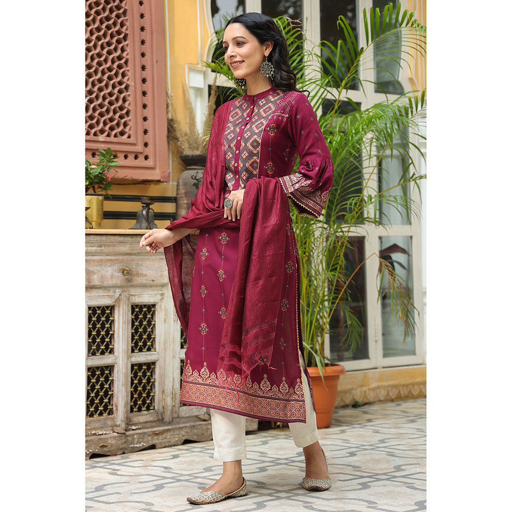 Juniper Wine Ethnic Motif Printed Rayon Straight Kurta & Dupatta Set with Buttons