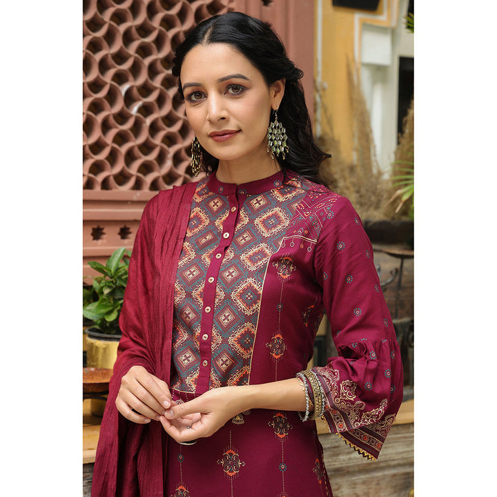 Juniper Wine Ethnic Motif Printed Rayon Straight Kurta & Dupatta Set with Buttons