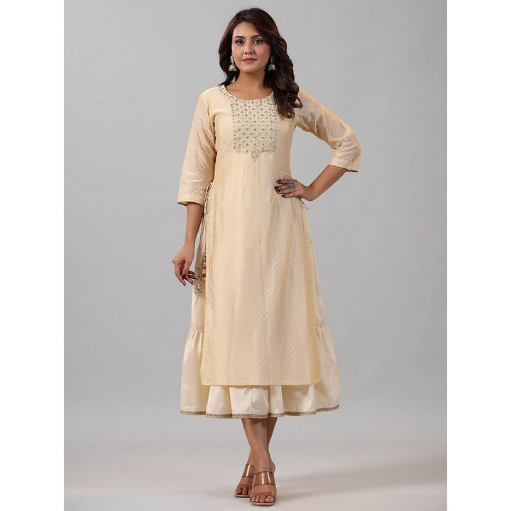 Juniper Gold Chanderi Ethnic Motif Printed Layered Maxi Dress with Zari Embroidery