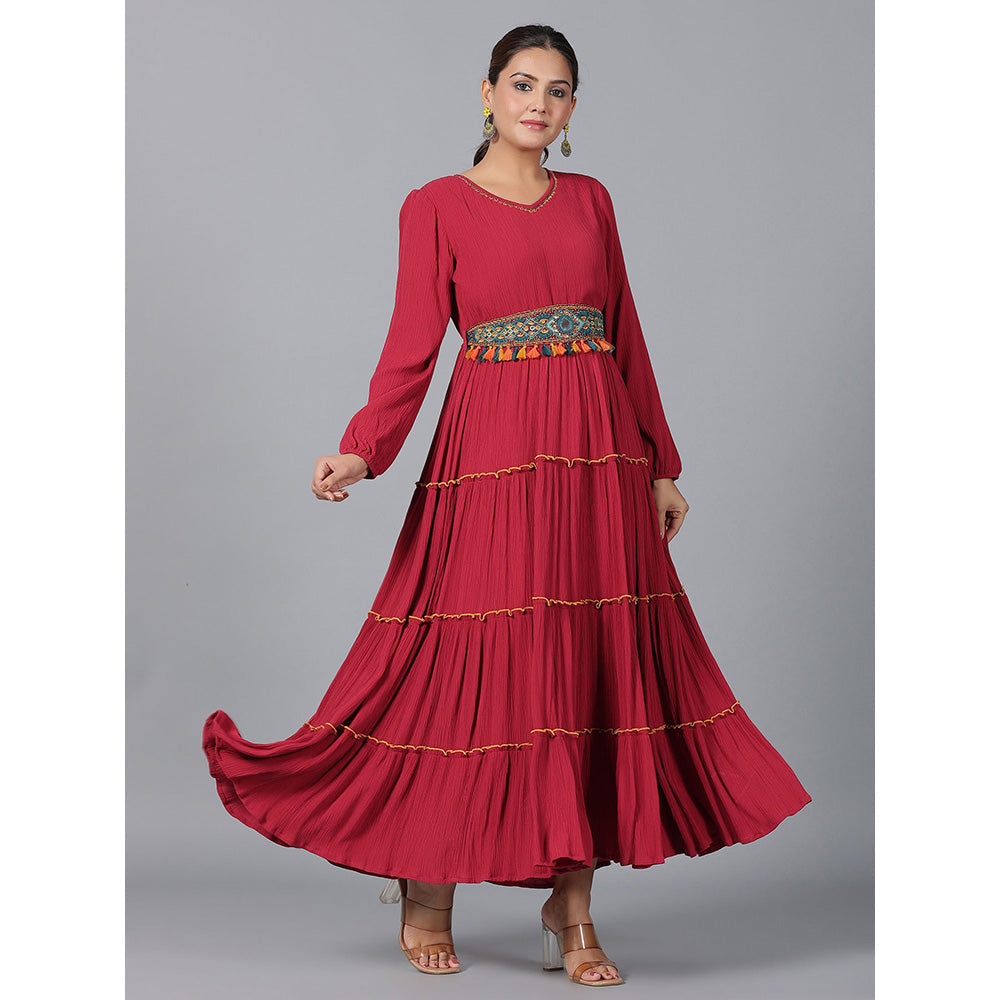 Juniper Maroon Ethnic Motif Printed Rayon Crepe Tiered Maxi Dress with Thread Work Embroidery