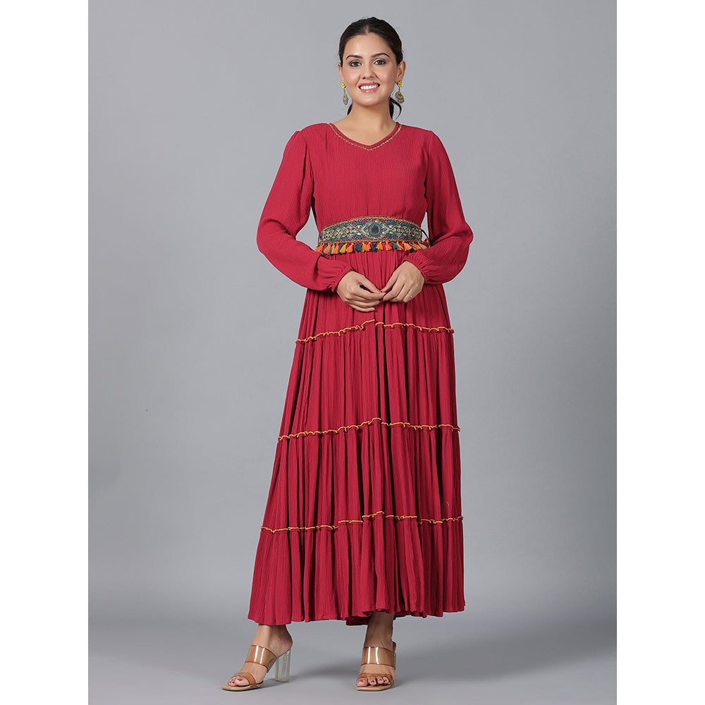 Juniper Maroon Ethnic Motif Printed Rayon Crepe Tiered Maxi Dress with Thread Work Embroidery