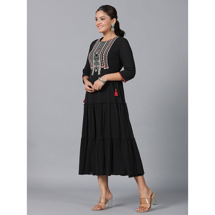 Juniper Black Cotton Crepe Tiered Maxi Dress with Thread Embroidery