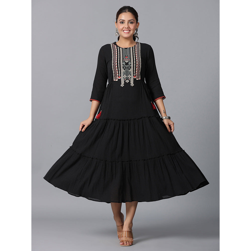 Juniper Black Cotton Crepe Tiered Maxi Dress with Thread Embroidery
