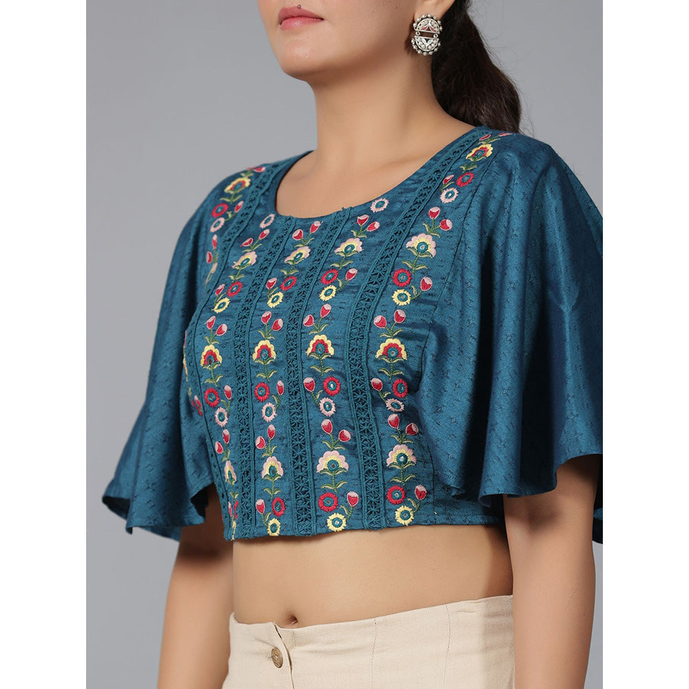 Juniper Women Blue Embroidered Clothing Crop Top & Palazzos (Set of 2)