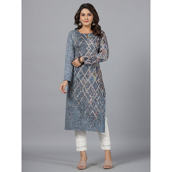 Juniper Blue Checked Printed Polyester Kurta with Sequins Work