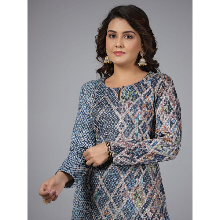 Juniper Blue Checked Printed Polyester Kurta with Sequins Work