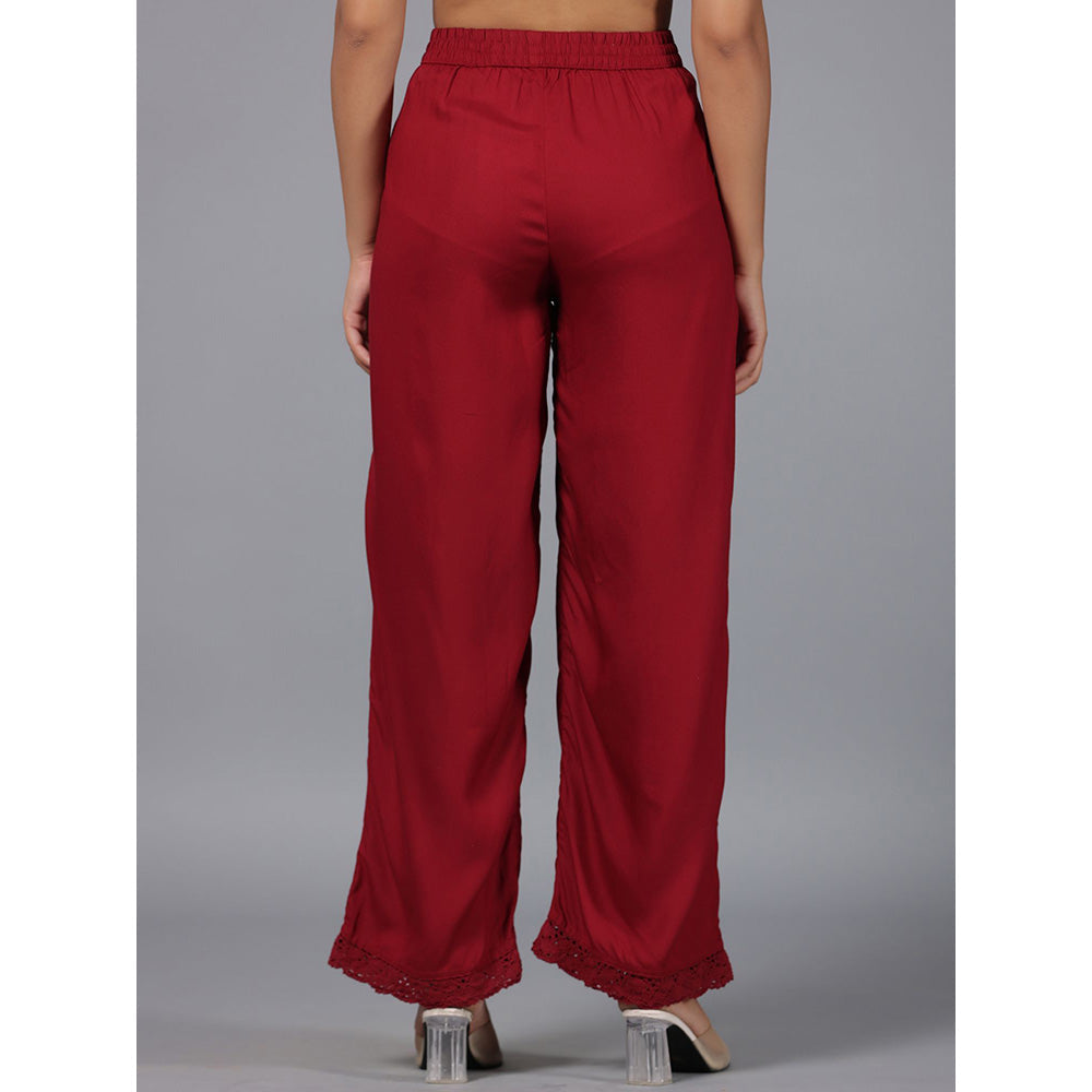Juniper Maroon Solid Rayon Lacy Palazzo with Partially Elasticated Waistband
