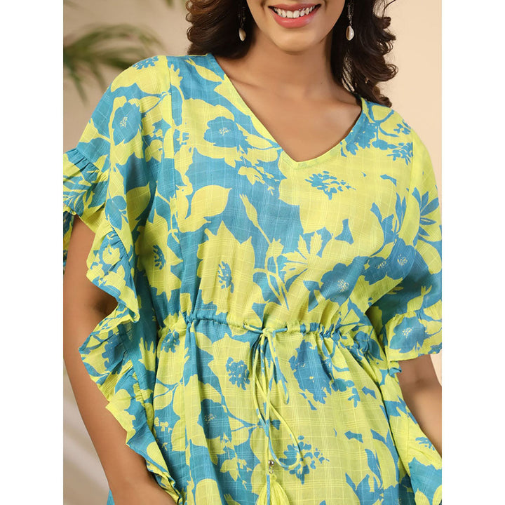 Juniper Turquoise Floral Printed Cotton Dobby Kaftan Tunic