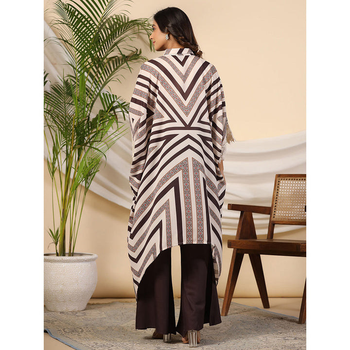 Juniper Brown Stripe Print Cotton Lacy Kaftan & Pants Co-Ord Set & Inner (Set of 3)