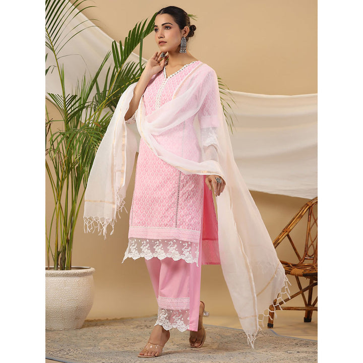 Juniper The Rooh Pink Ethnic Print & Lacy Pure Cotton Kurta & Palazzo With Dupatta(Set of 3)
