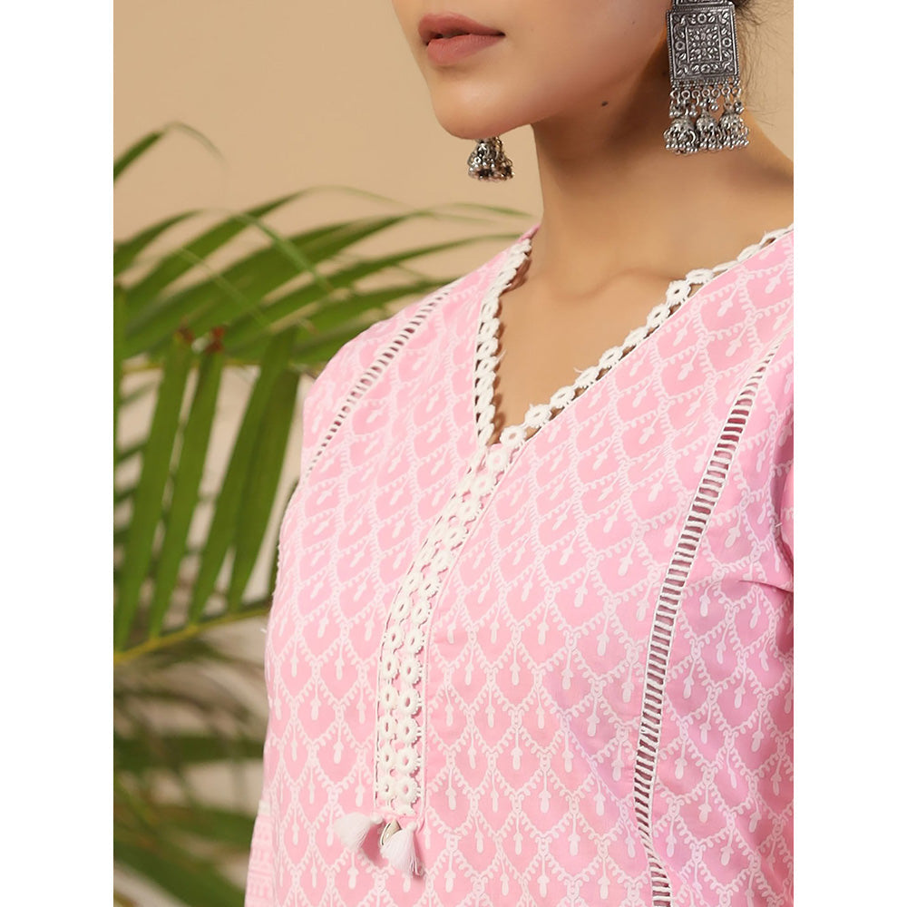 Juniper The Rooh Pink Ethnic Print & Lacy Pure Cotton Kurta & Palazzo With Dupatta(Set of 3)